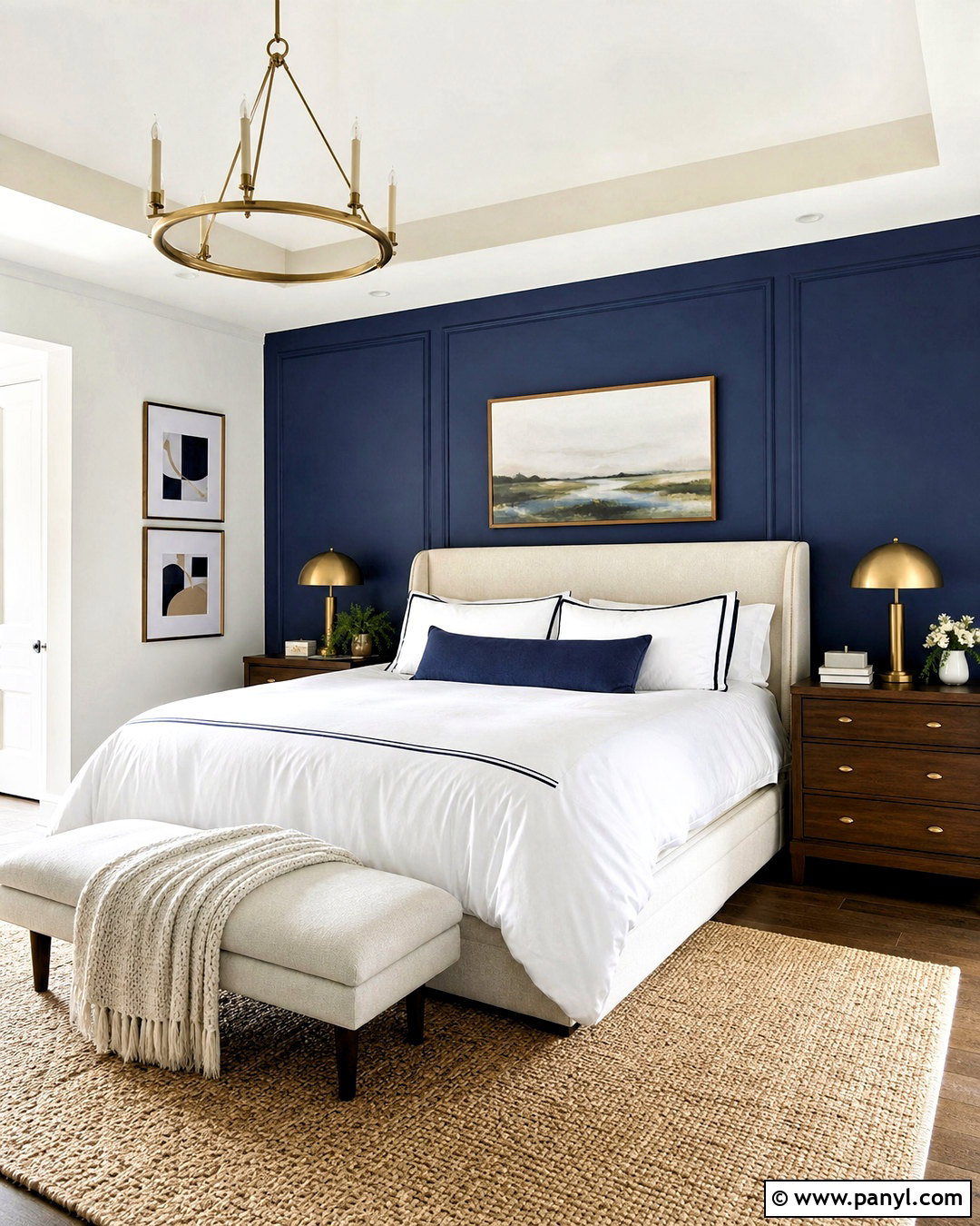 Navy Blue Accent Wall With White Bedding - 20 bedroom blue accent wall ideas