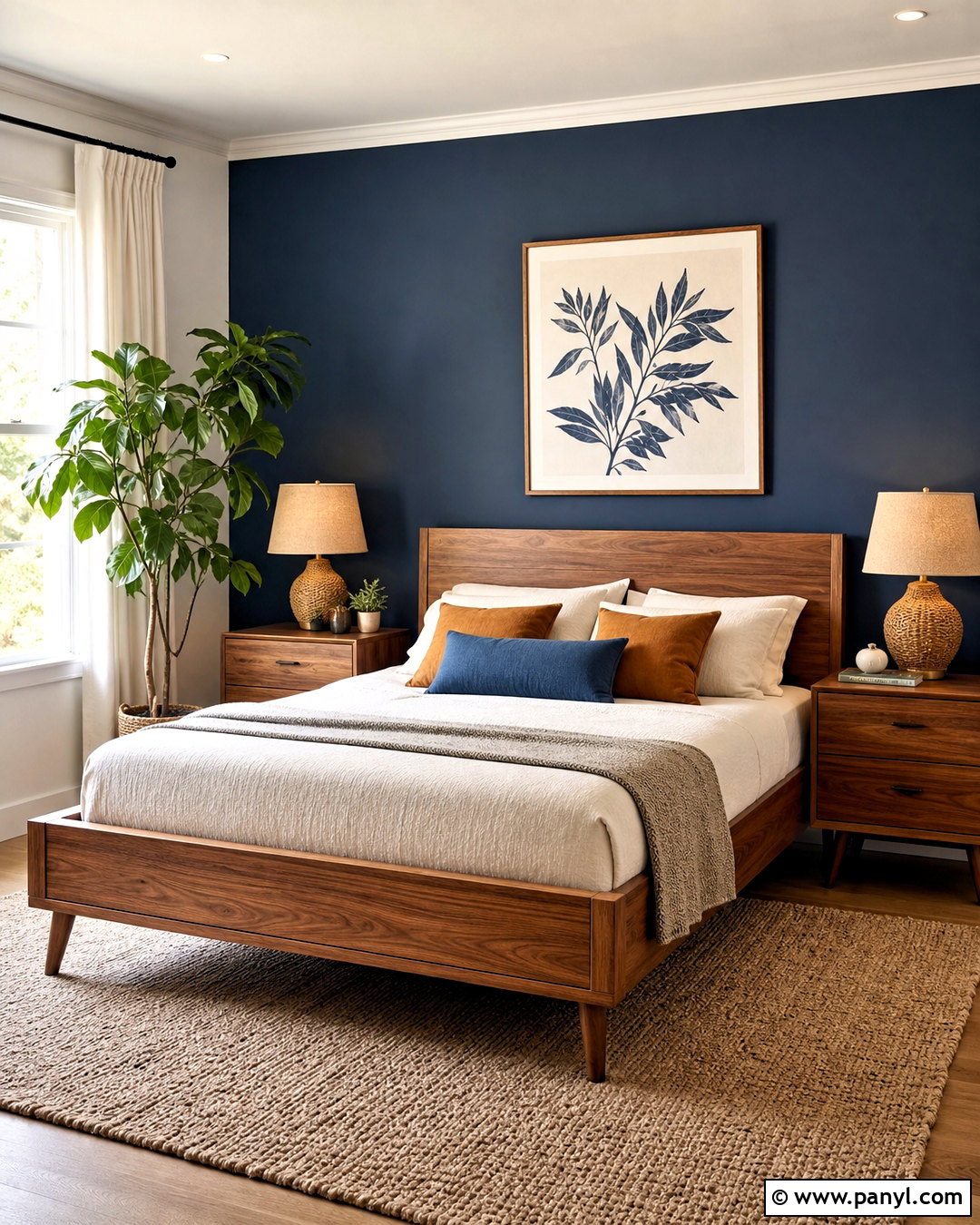 Navy Blue Accent Wall With Wood Bed - 20 navy blue accent wall bedroom ideas