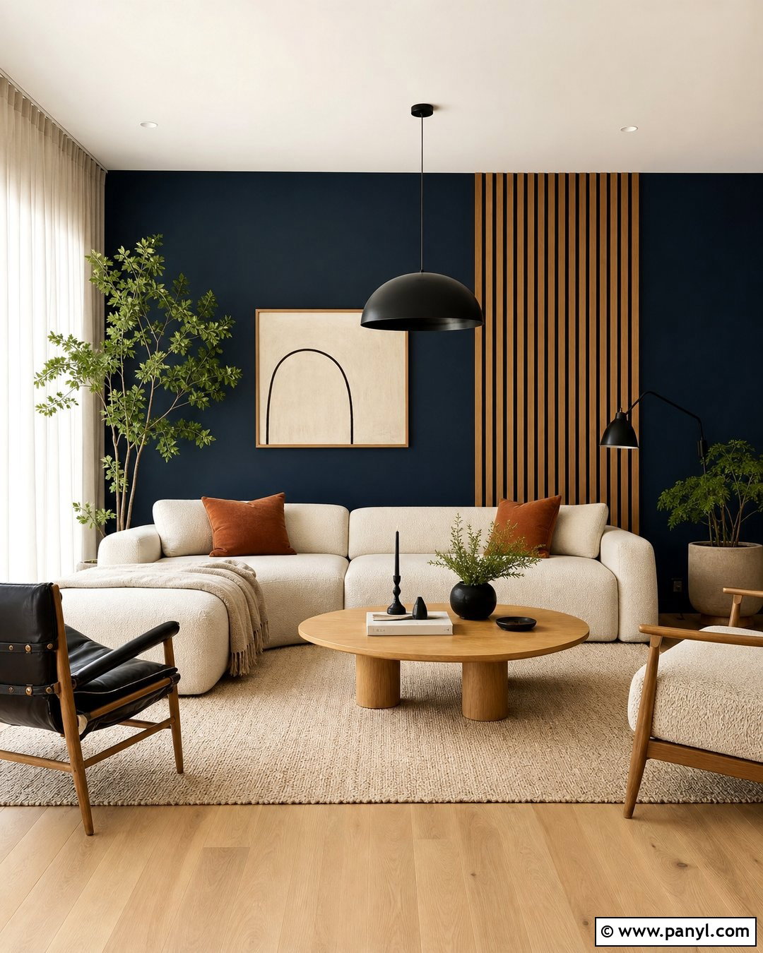 Navy Blue Accent Wall With Wood Slats - 35 Navy Blue Accent Wall Ideas