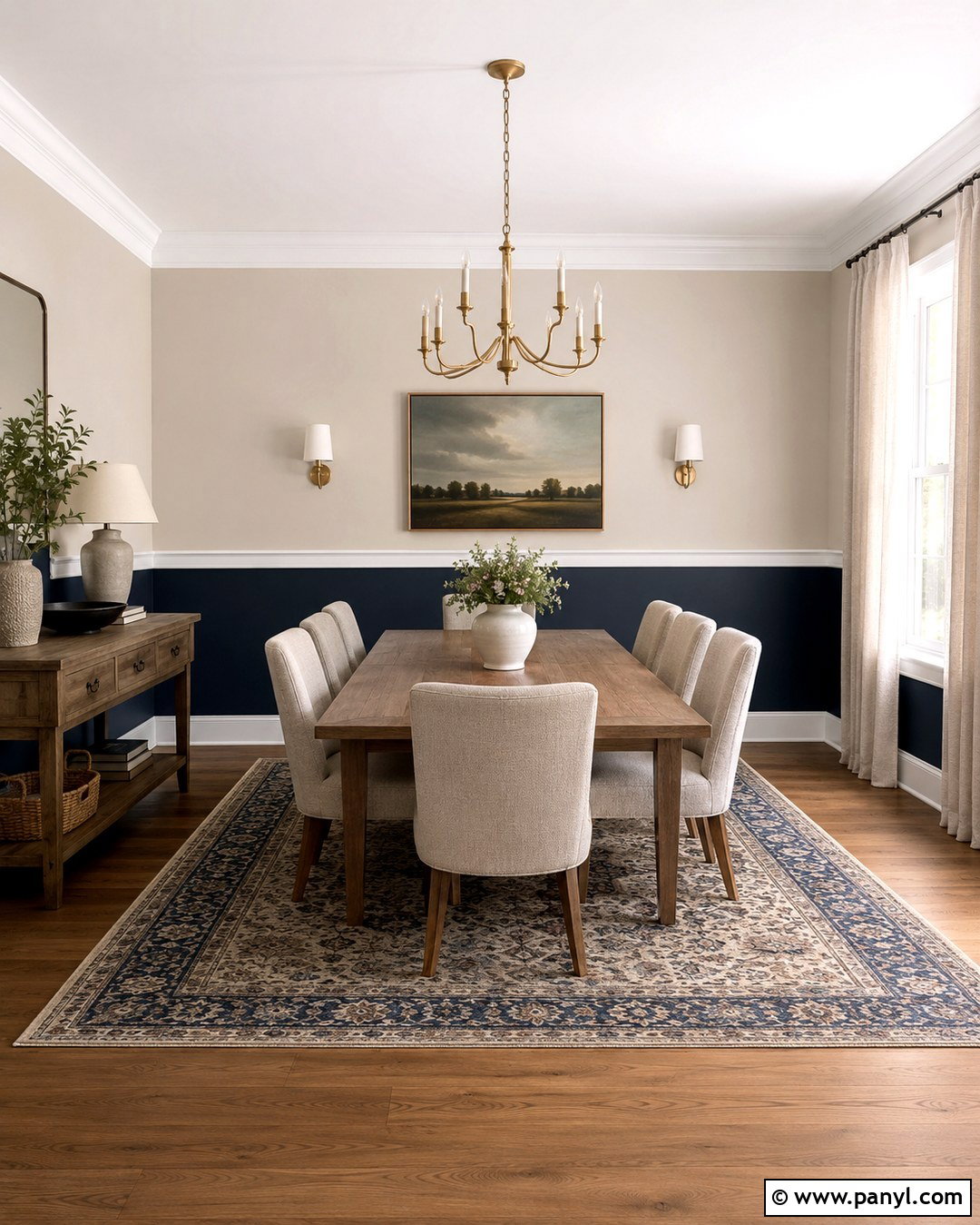 Navy Blue And Cream Half-Painted Dining Room - 20 Room Painted Half And Half Ideas