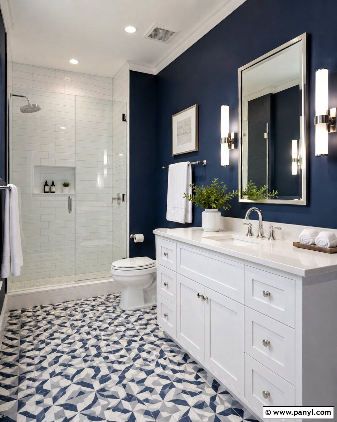 Navy Blue Bathroom Walls With Patterned Floor Tile - 20 navy blue bathroom walls