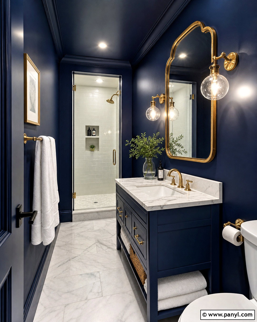 Navy Blue Bathroom With Brass Fixtures - 20 small blue bathroom ideas