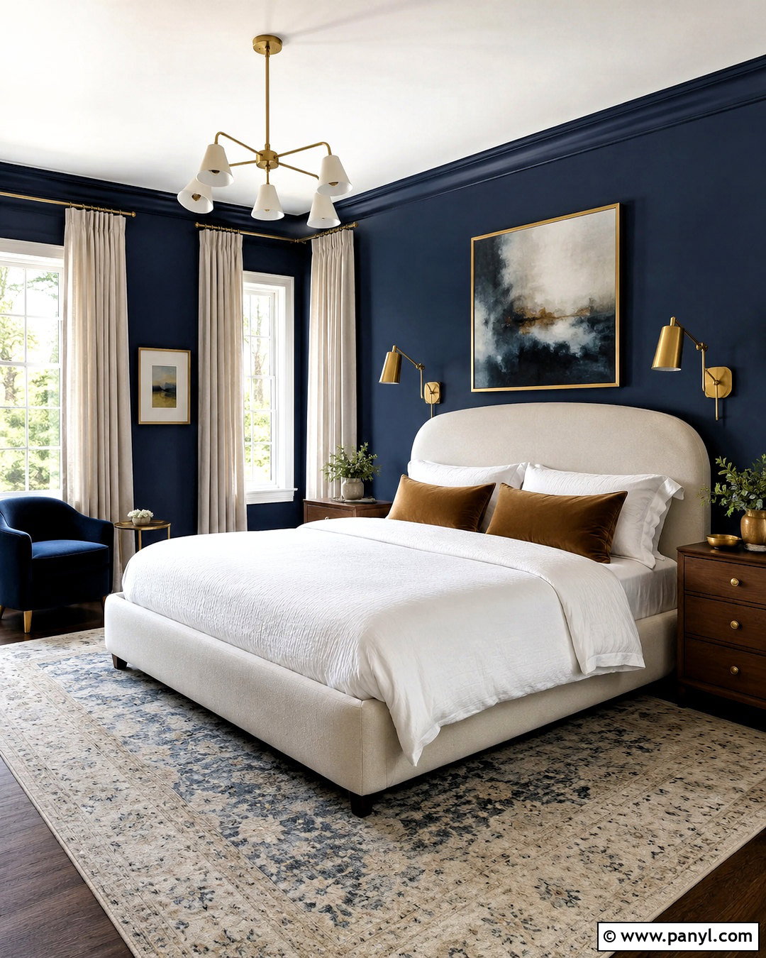 Navy Blue Bedroom With Brass Accents - 20 dark blue bedroom aesthetic ideas