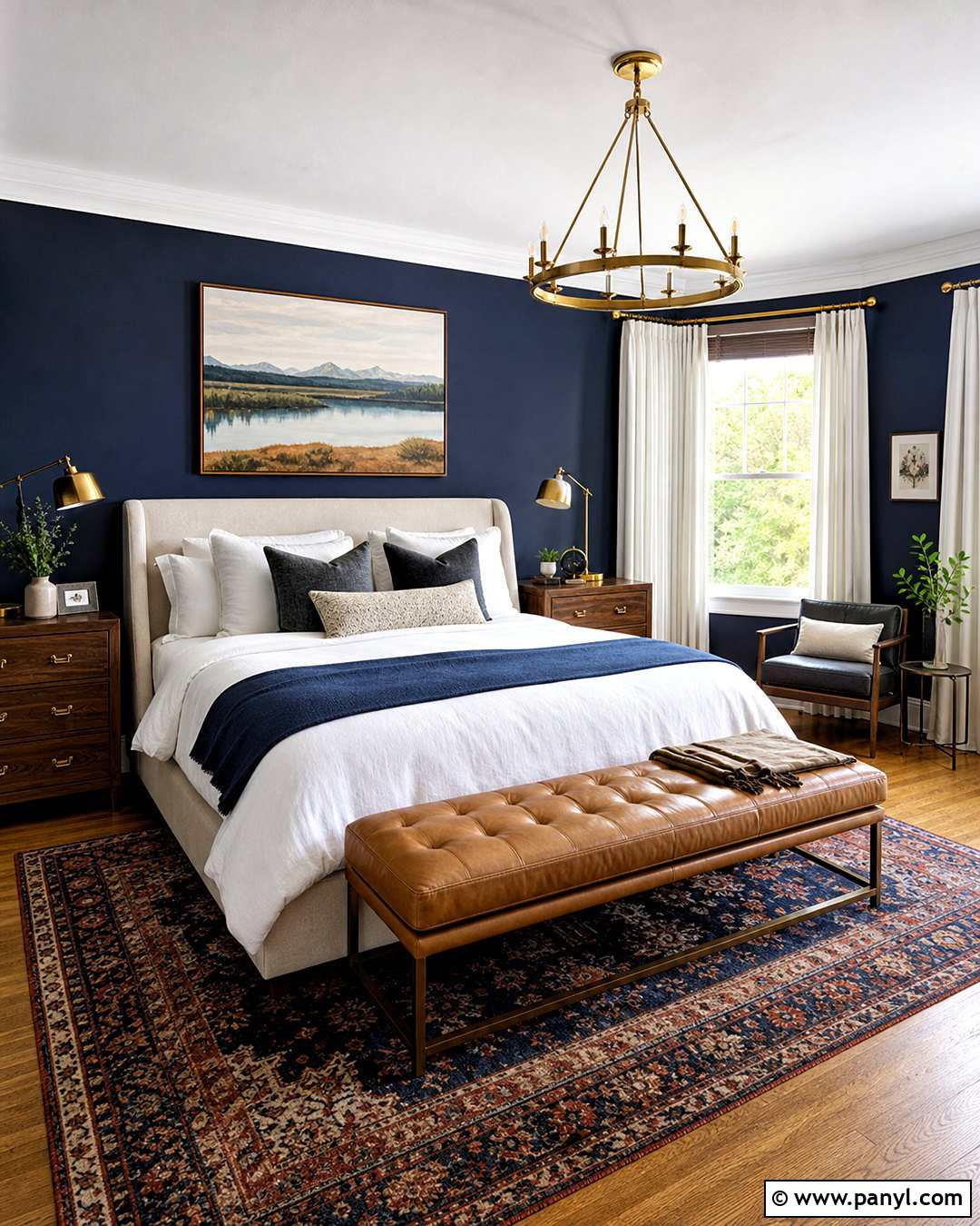 Navy Blue Bedroom With Brass Accents - 20 blue paint bedroom ideas