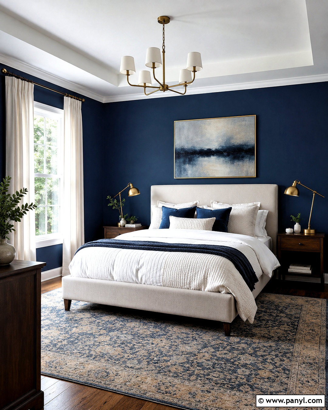 Navy Blue Bedroom With Warm White Bedding - 20 blue colour bedroom ideas