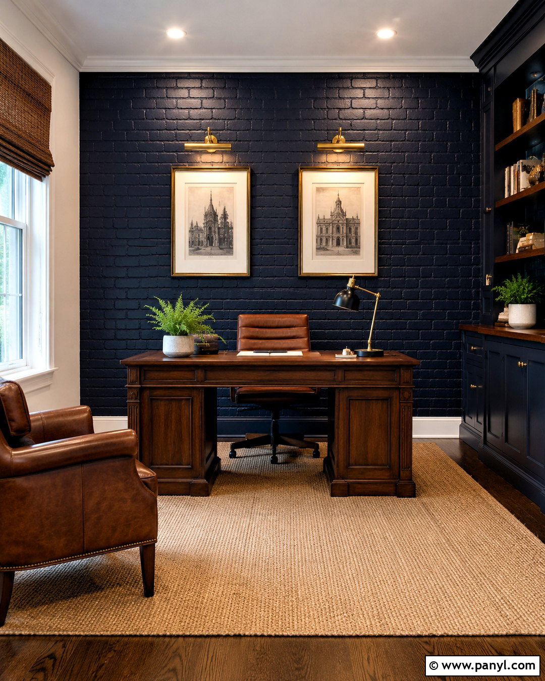 Navy Blue Brick Home Office Wall - 20 brick wall before and after painting ideas