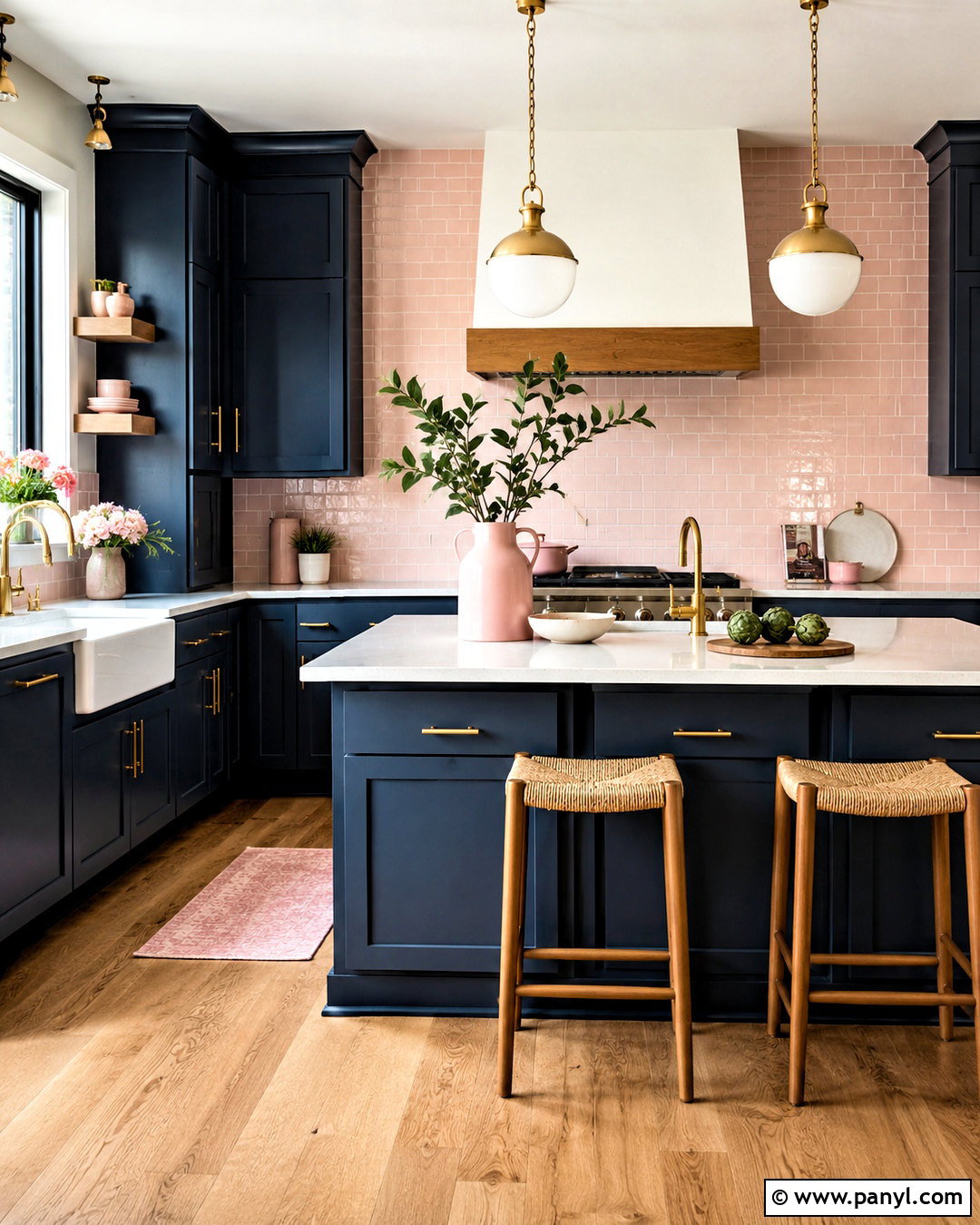 Navy Blue Cabinets With Blush Pink Backsplash - 20 blue and pink kitchen ideas