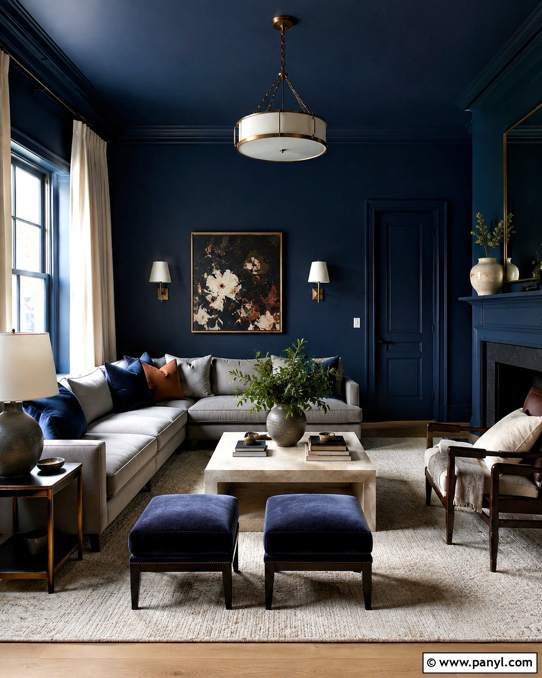 Navy Blue Color Drenched Living Room - 20 navy blue walls living room ideas