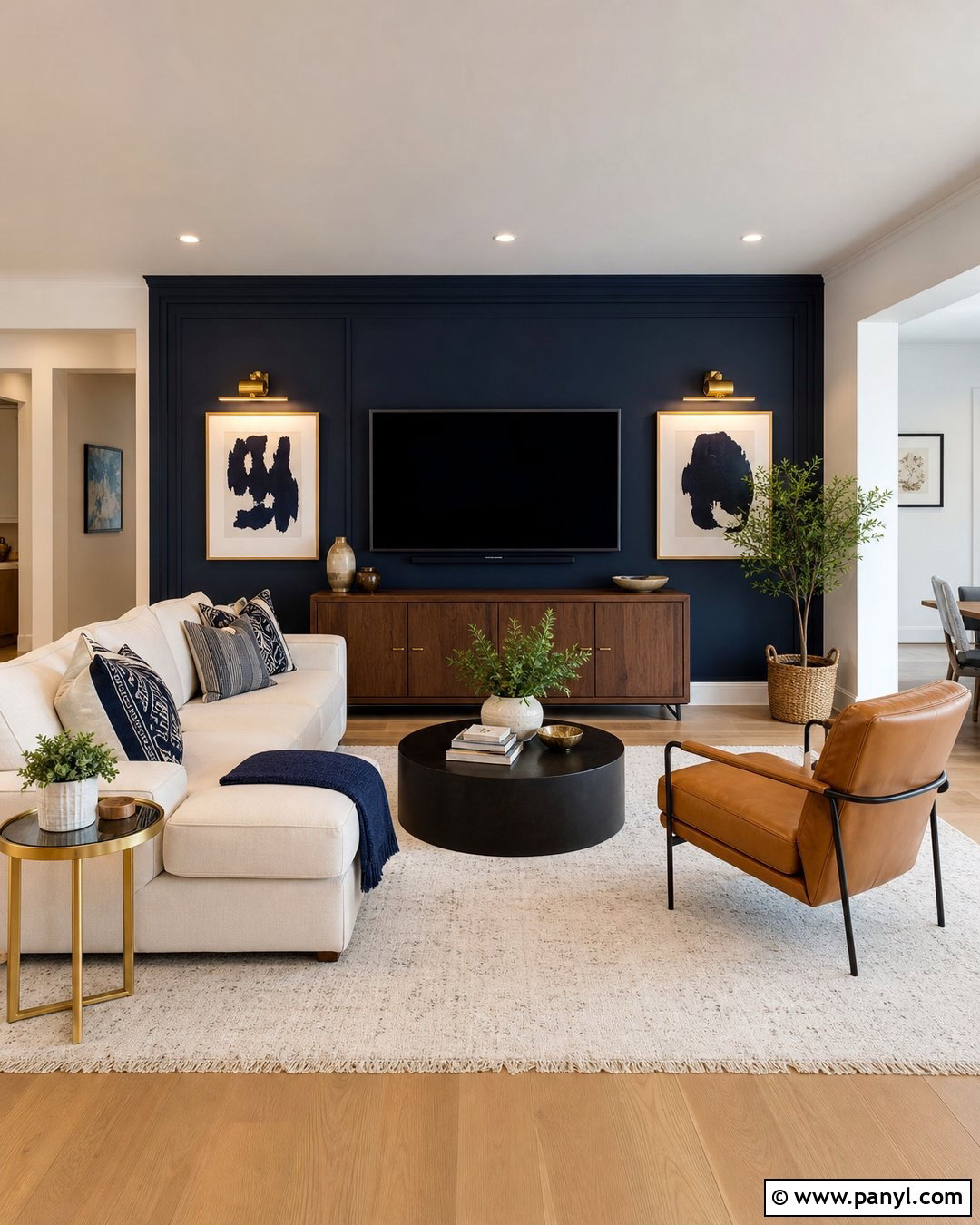 Navy Blue Contrast Wall Living Room - 30 Contrast Wall Ideas