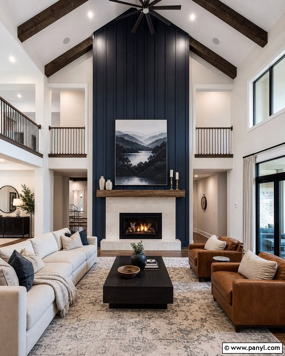 Navy Blue Double-Height Fireplace Wall - 25 Navy Blue Fireplace Wall Ideas