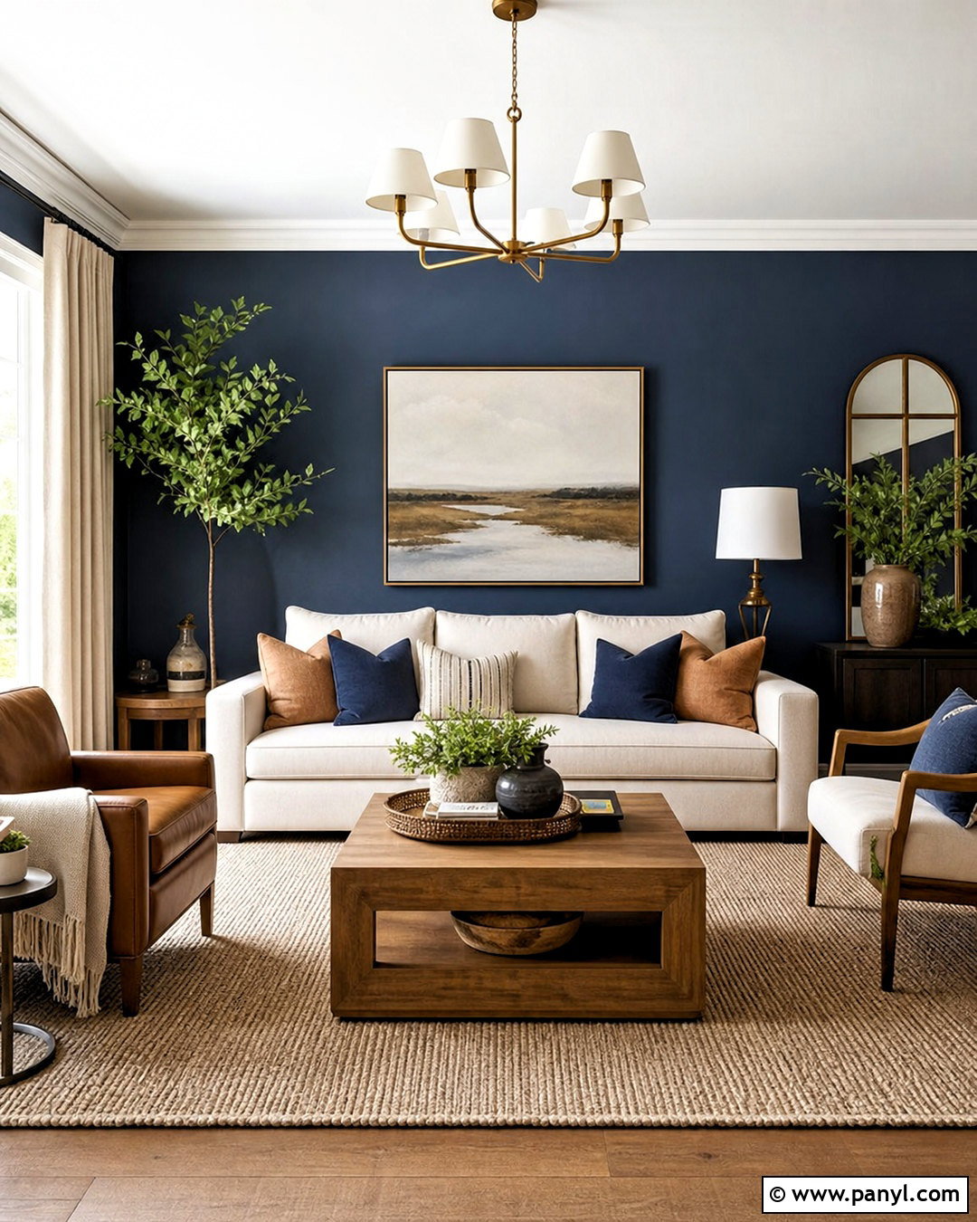 Navy Blue Feature Wall With Cream Sofa - 20 blue feature wall living room ideas