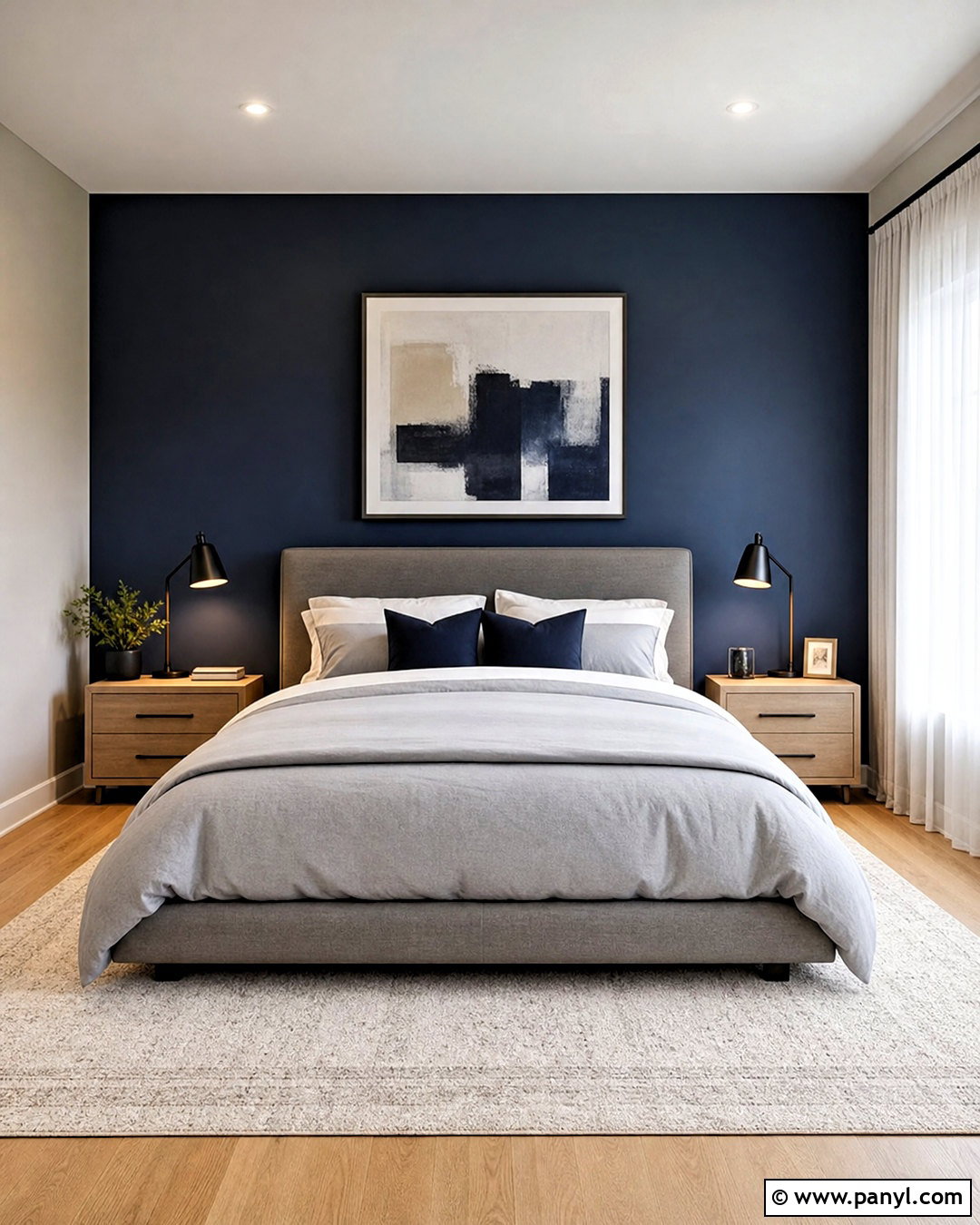 Navy Blue Feature Wall With Gray Bedding - 20 navy blue feature wall bedroom ideas