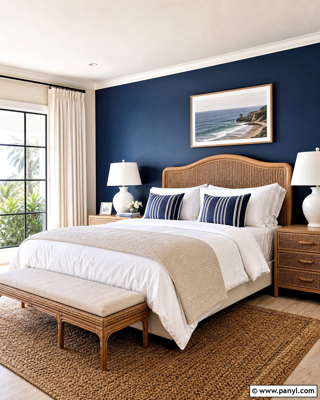 Navy Blue Feature Wall With Rattan Furniture - 20 navy blue feature wall bedroom ideas
