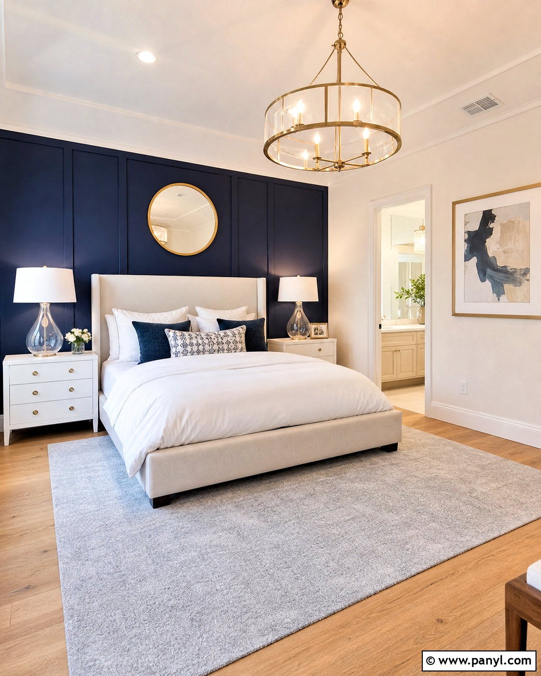 Navy Blue Feature Wall With White Bedding - 20 navy blue feature wall bedroom ideas