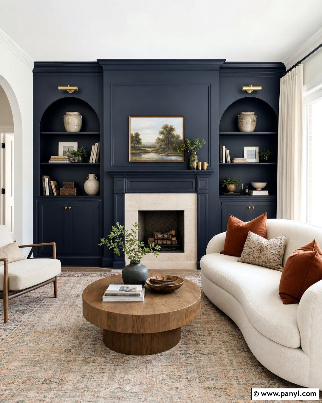Navy Blue Fireplace Wall With Arched Built-Ins - 25 Navy Blue Fireplace Wall Ideas