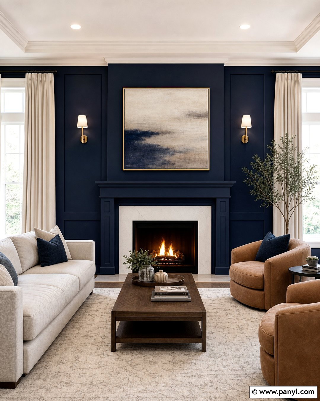 Navy Blue Fireplace Wall With Brass Accents - 25 Navy Blue Fireplace Wall Ideas