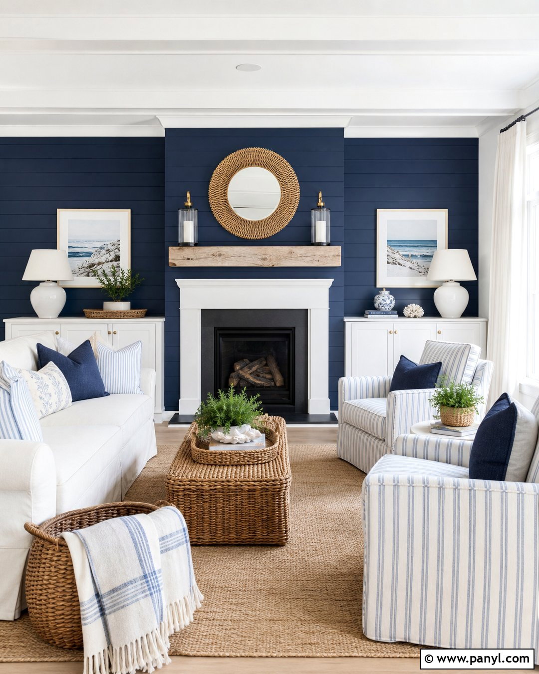 Navy Blue Fireplace Wall With Coastal Decor - 25 Navy Blue Fireplace Wall Ideas