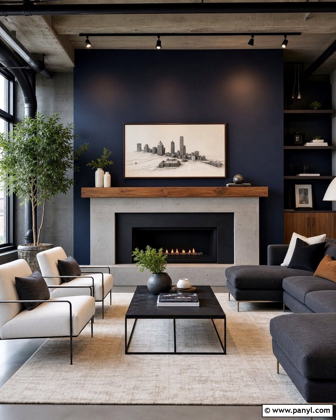 Navy Blue Fireplace Wall With Concrete Surround - 25 Navy Blue Fireplace Wall Ideas