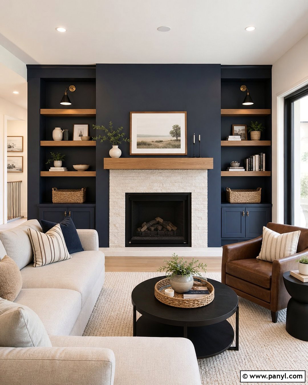 Navy Blue Fireplace Wall With Floating Shelves - 25 Navy Blue Fireplace Wall Ideas
