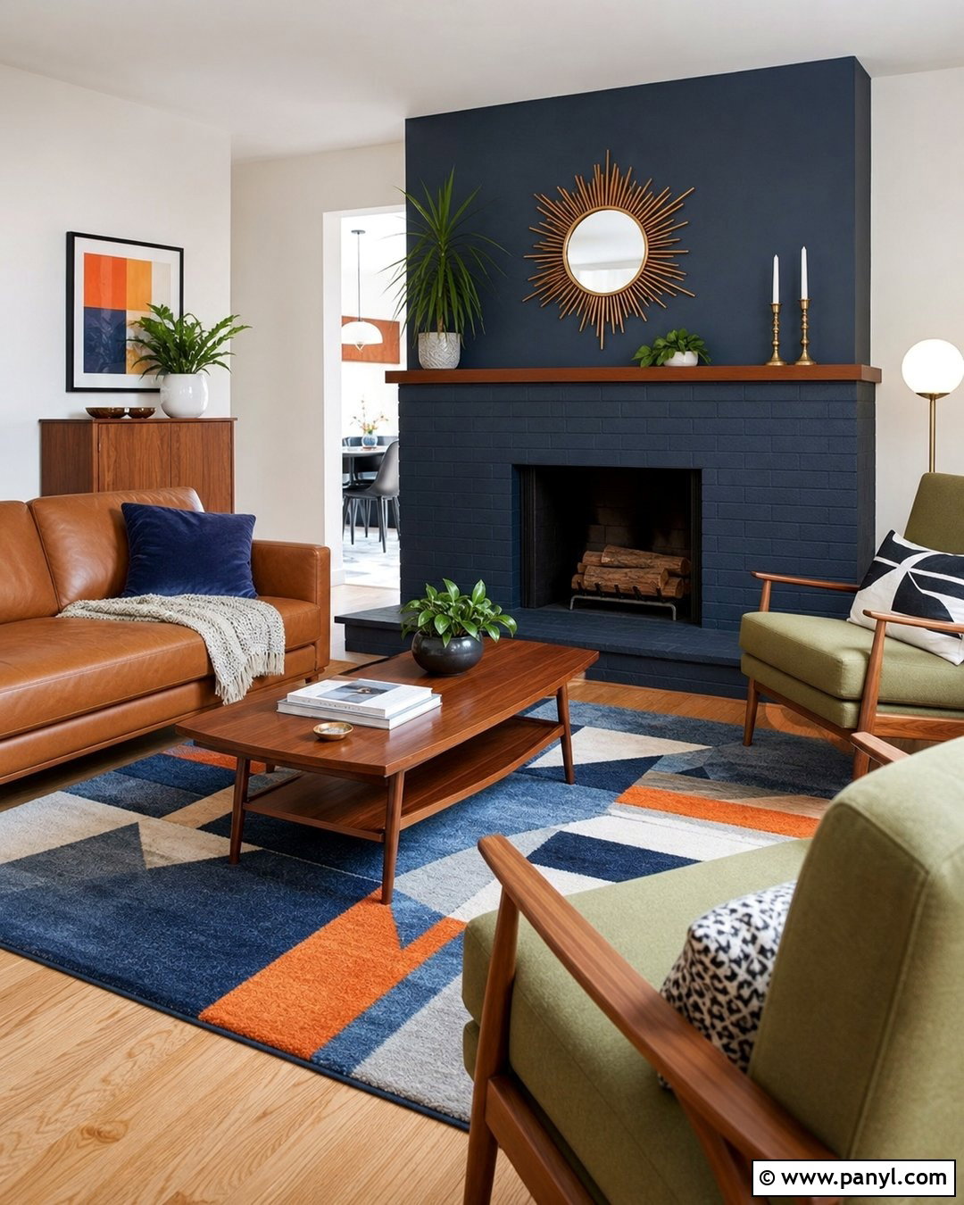 Navy Blue Fireplace Wall With Midcentury Furniture - 25 Navy Blue Fireplace Wall Ideas