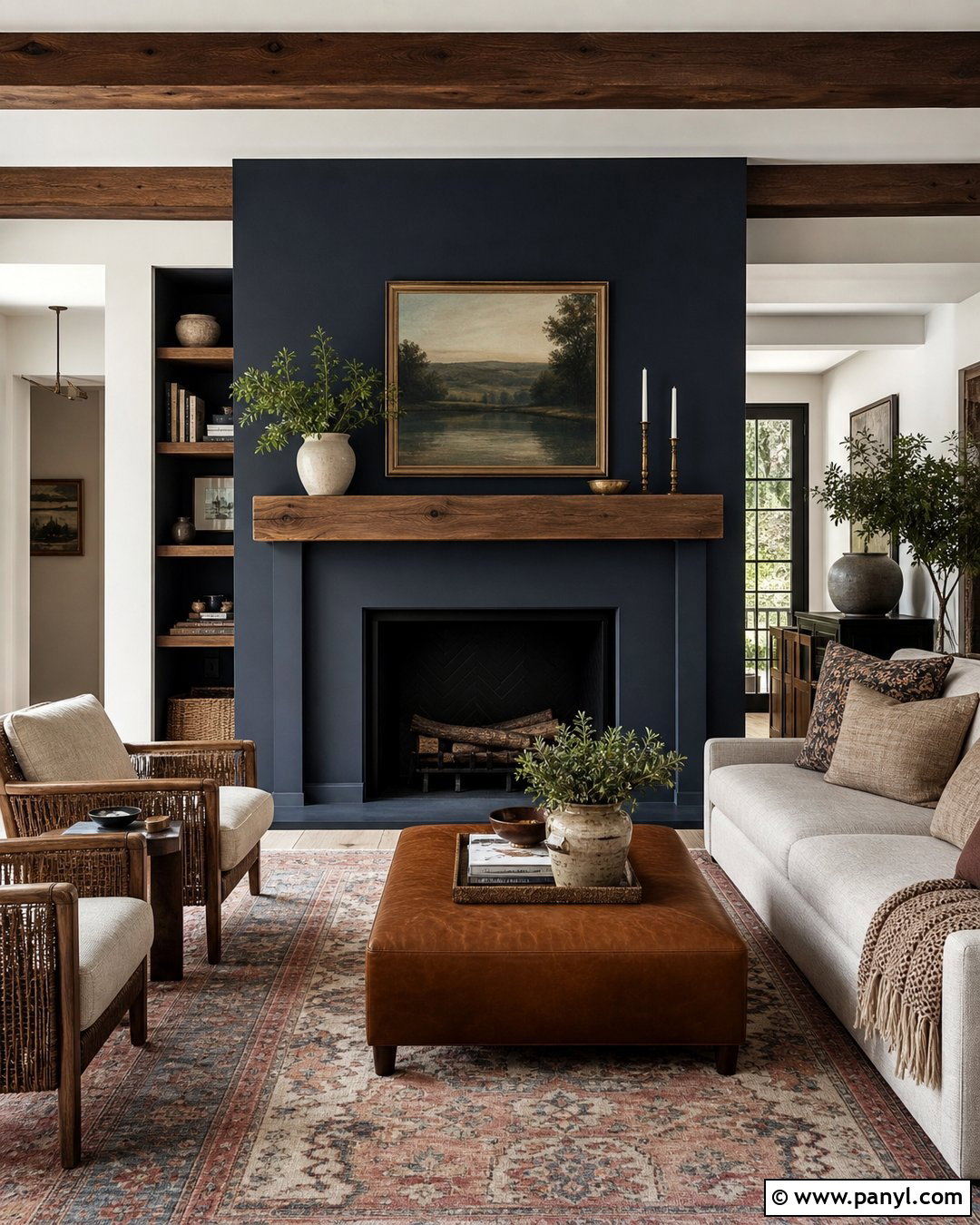 Navy Blue Fireplace Wall With Natural Wood Mantel - 25 Navy Blue Fireplace Wall Ideas