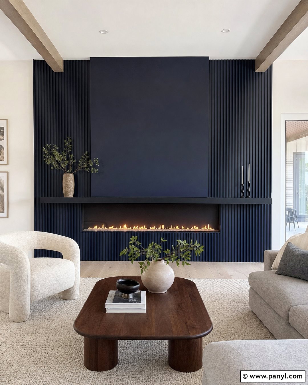 Navy Blue Fireplace Wall With Vertical Slats - 25 Navy Blue Fireplace Wall Ideas