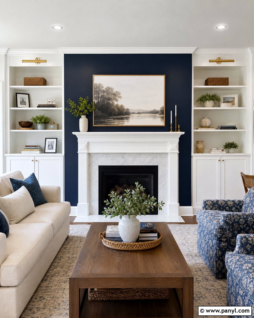 Navy Blue Fireplace Wall With White Built-Ins - 25 Navy Blue Fireplace Wall Ideas