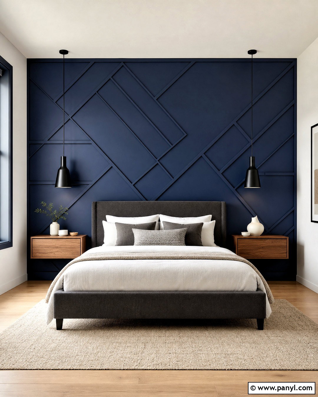Navy Blue Geometric Feature Wall - 20 navy blue feature wall bedroom ideas