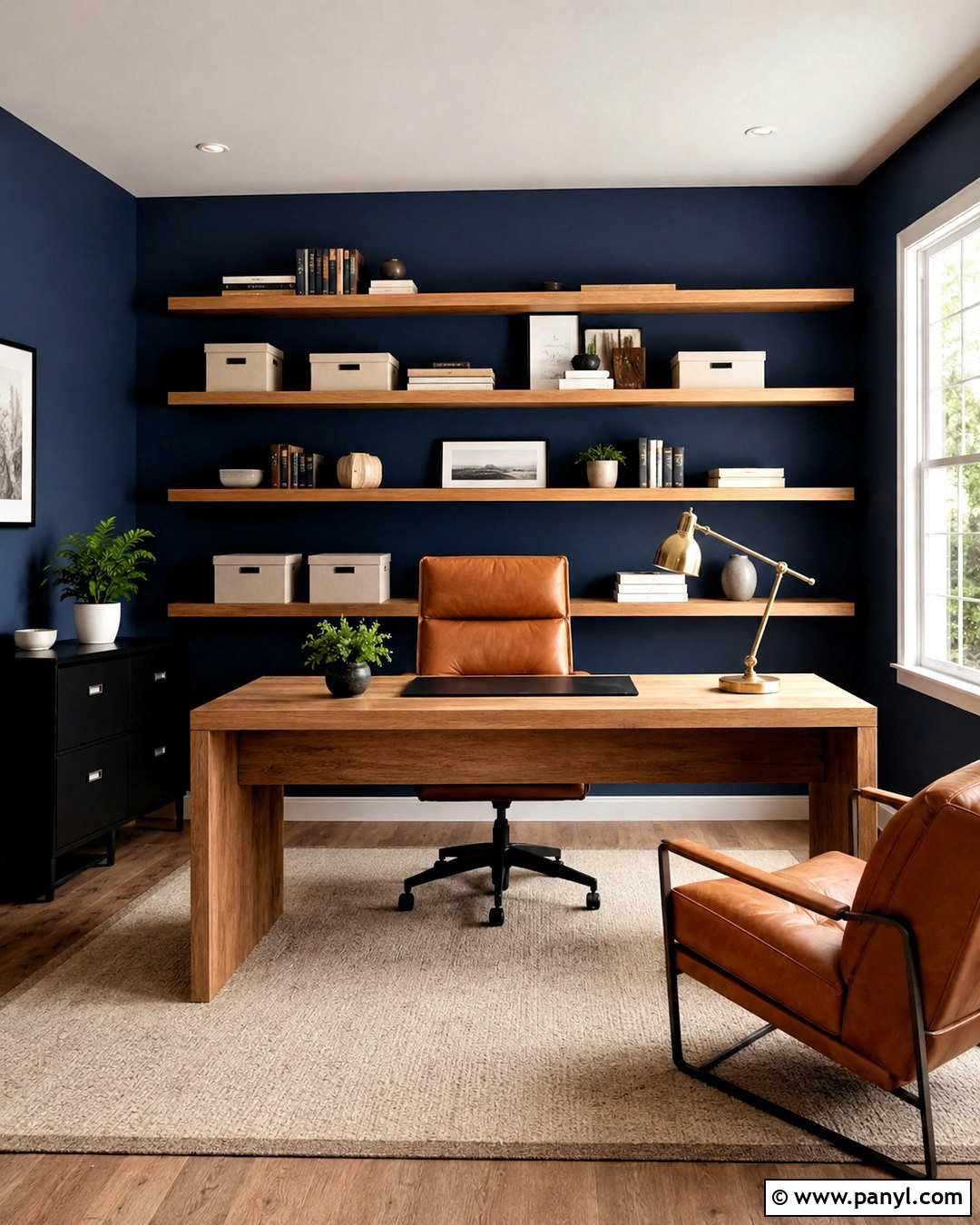 Navy Blue Home Office Walls With Oak Shelves - 40 navy blue walls