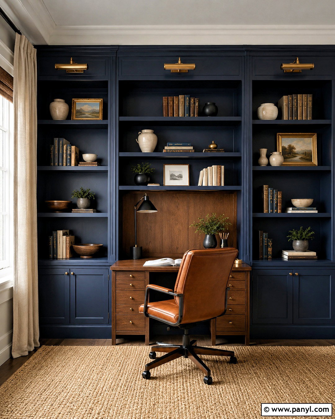 Navy Blue Home Office With Built-In Shelves - 20 navy blue interior ideas