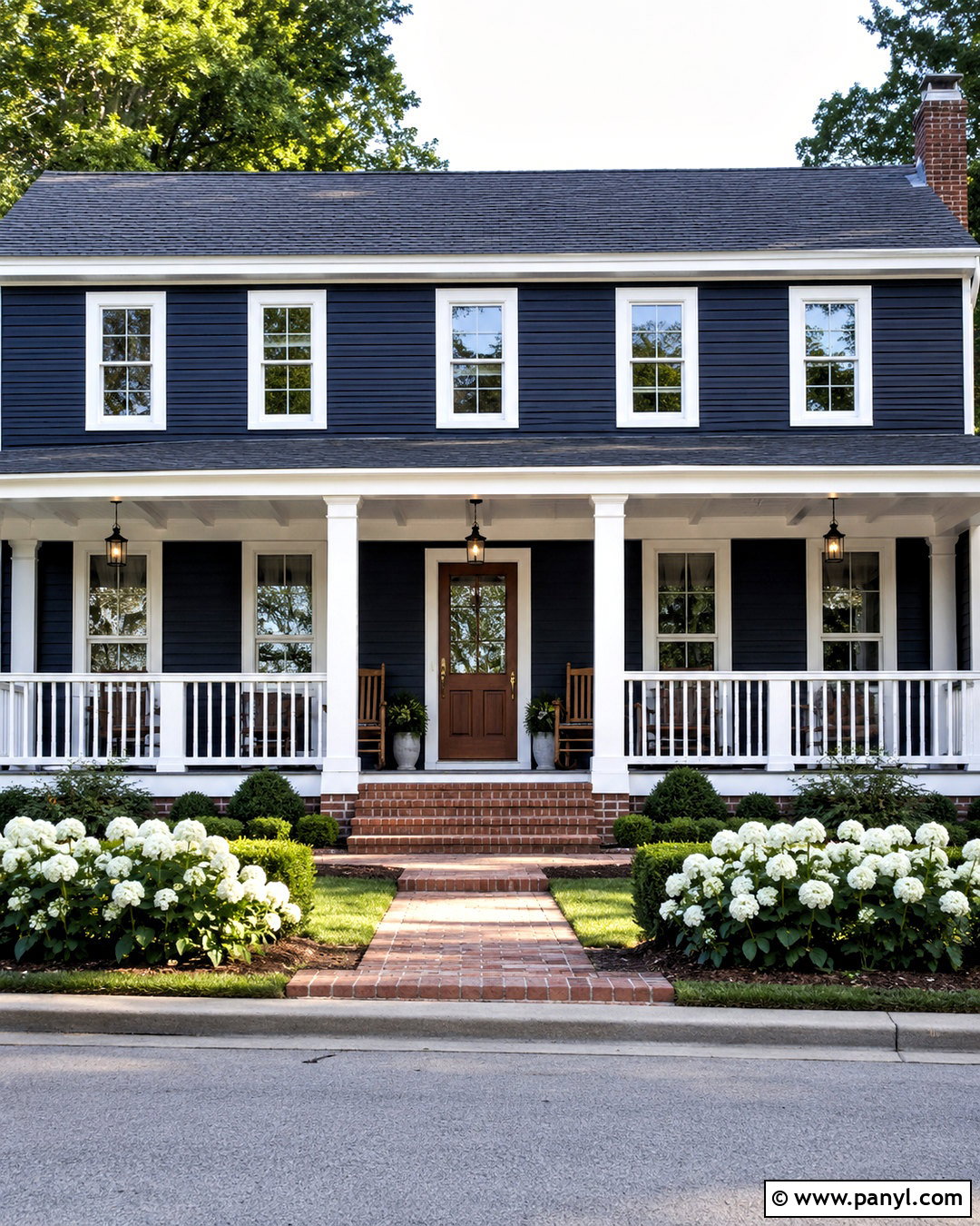 Navy Blue House With White Porch And Brick Steps - 20 blue house white trim ideas