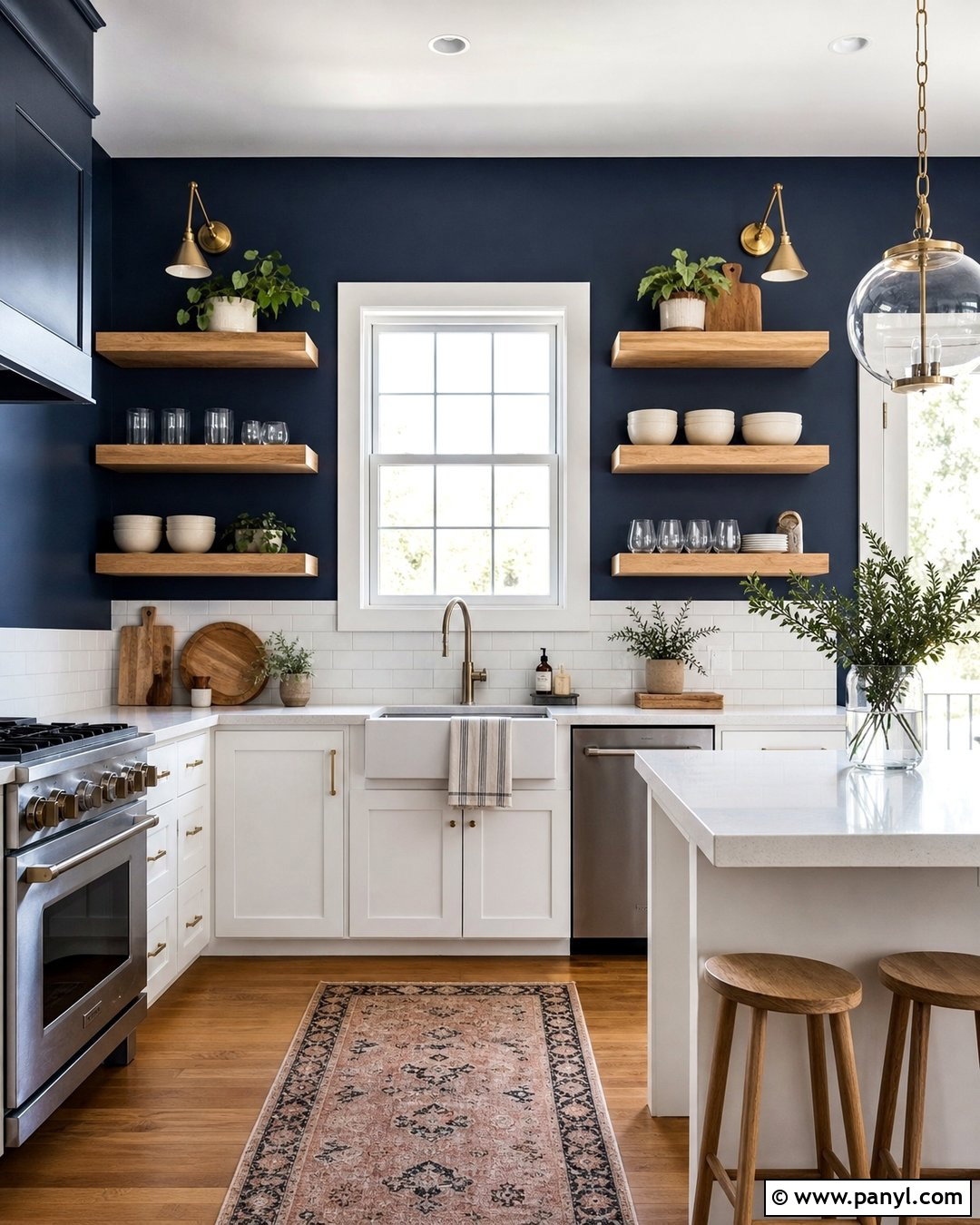 Navy Blue Kitchen Walls With Natural Wood Shelves - 30 navy blue kitchen walls