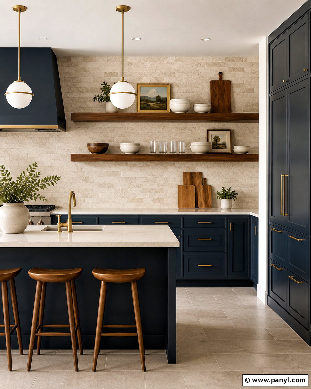 Navy Blue Kitchen With Walnut Shelves - 20 navy blue kitchen decor ideas