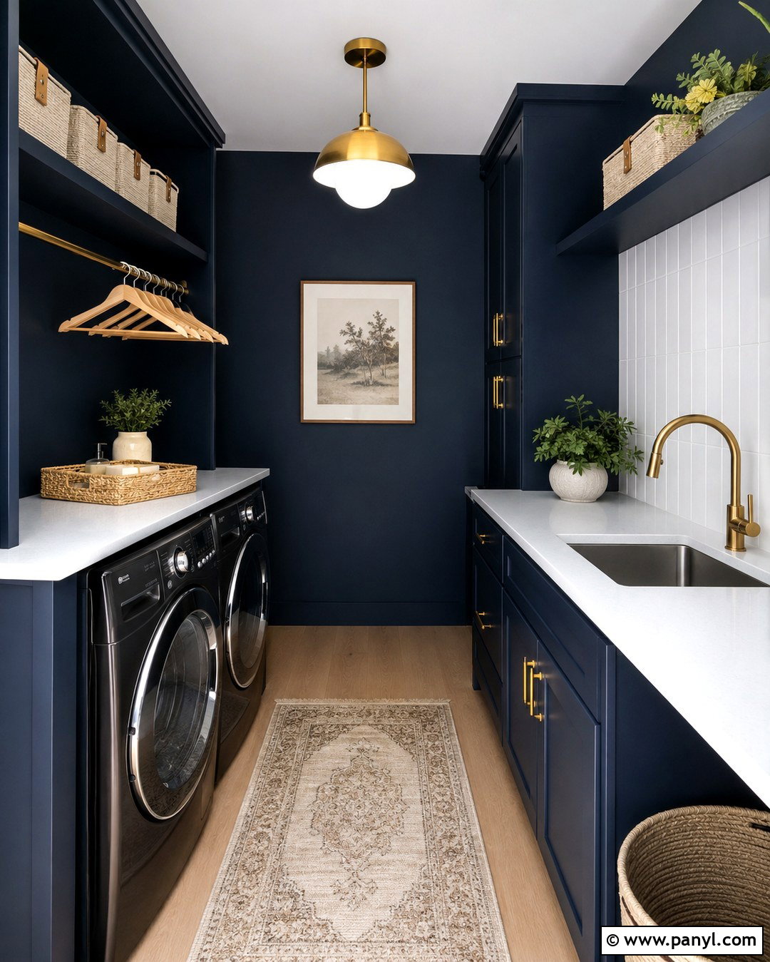 Navy Blue Laundry Room With Brass Hardware - 20 Dark Wall Laundry Room Ideas