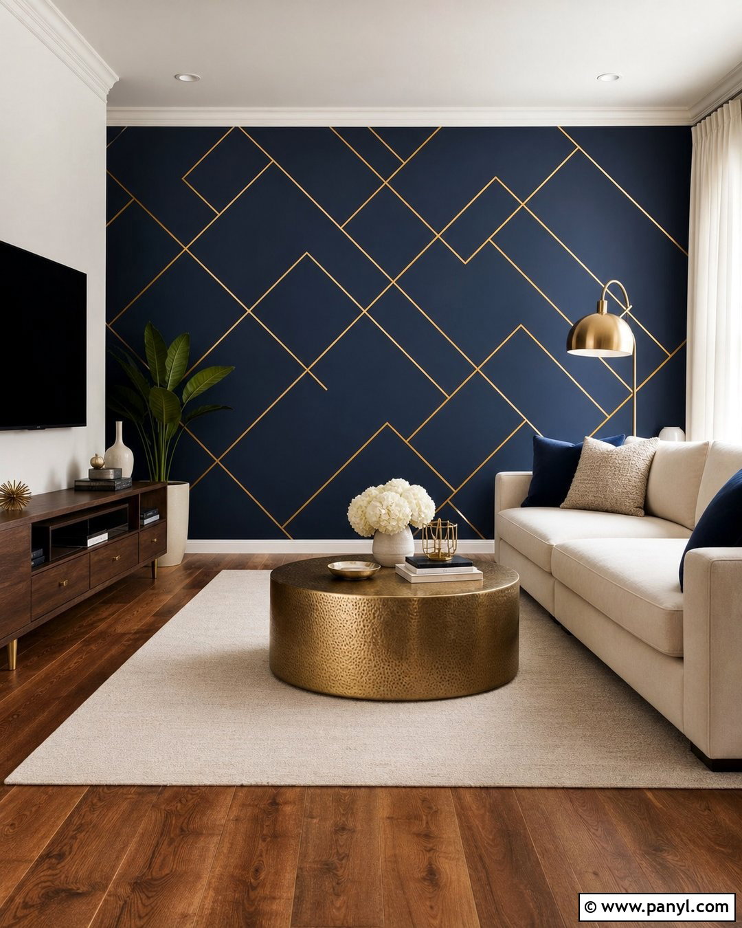 Navy Blue Living Room Wall With Gold Geometric Lines - 20 Blue Wall With Gold Lines