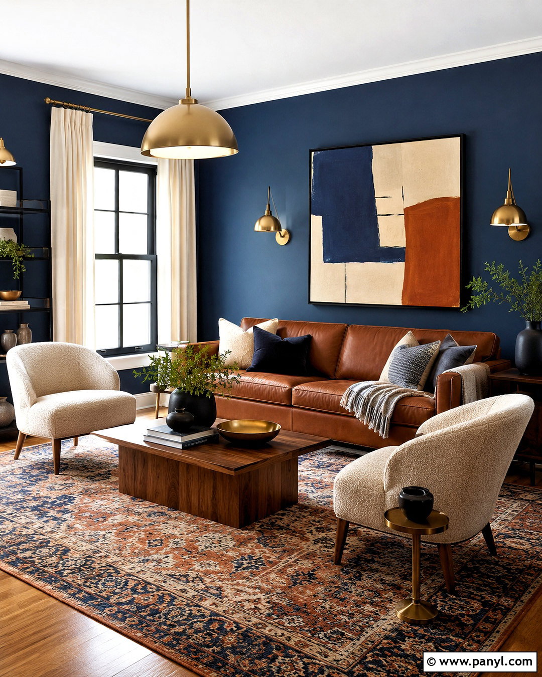 Navy Blue Living Room Walls With Cognac Leather - 40 navy blue walls