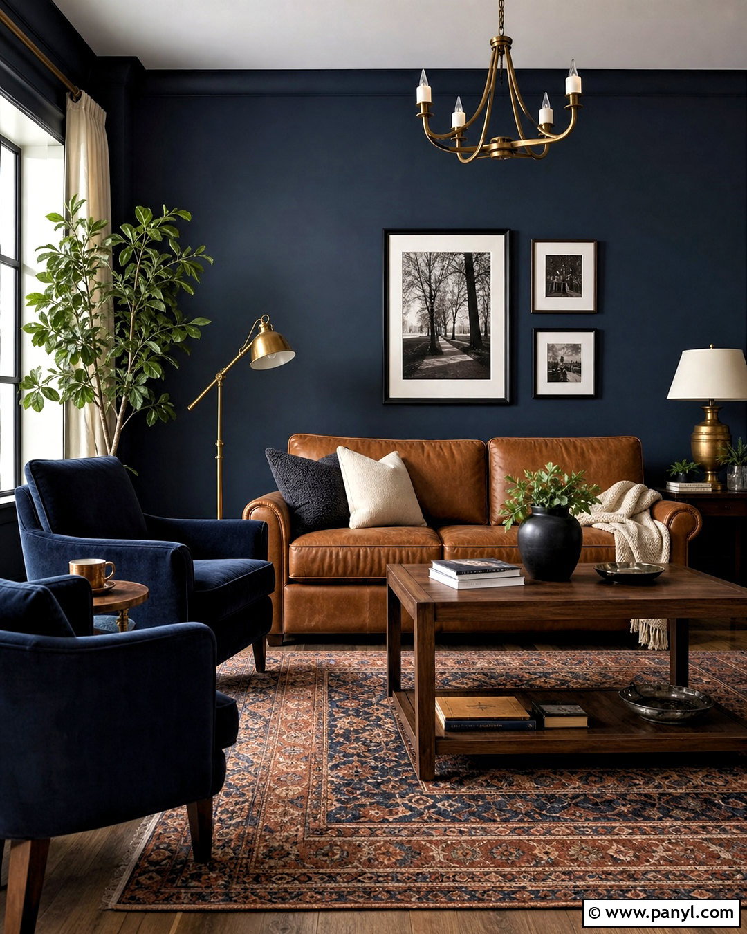 Navy Blue Living Room With Cognac Leather - 20 navy blue living room decor ideas