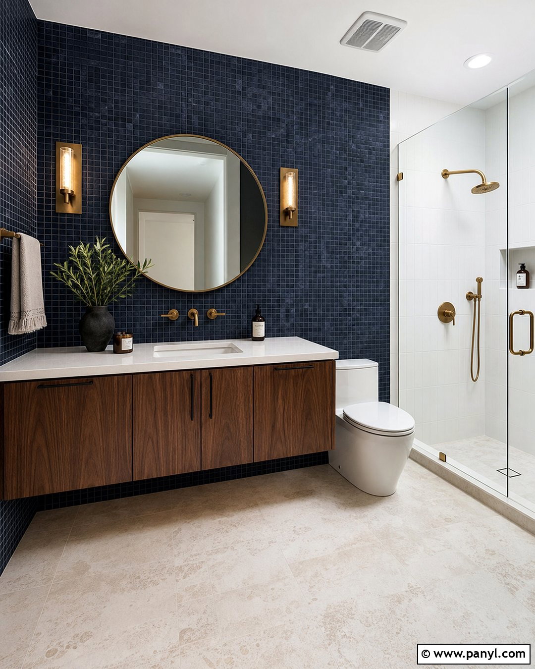 Navy Blue Mosaic Vanity Wall - 20 Modern Bathroom With Blue Mosaic Wall Ideas