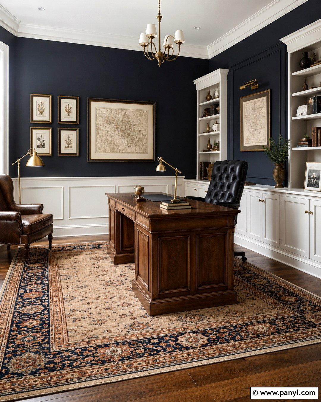 Navy Blue Office With White Wall Paneling - 20 Blue Paint For Office Walls