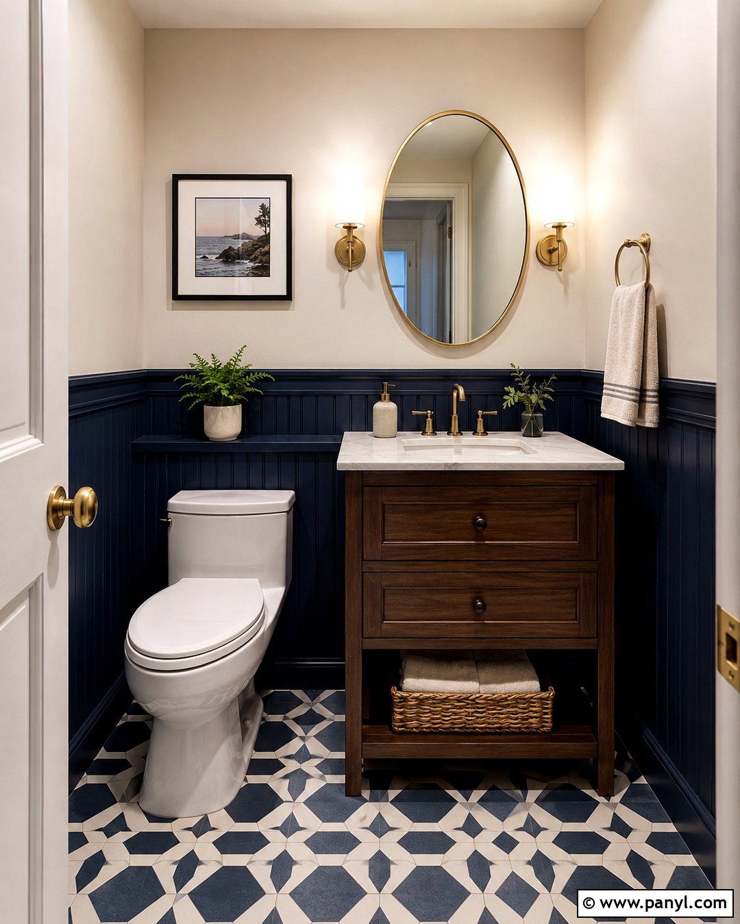 Navy Blue Powder Room With Cream Upper Walls - 20 Navy Blue And Cream Walls
