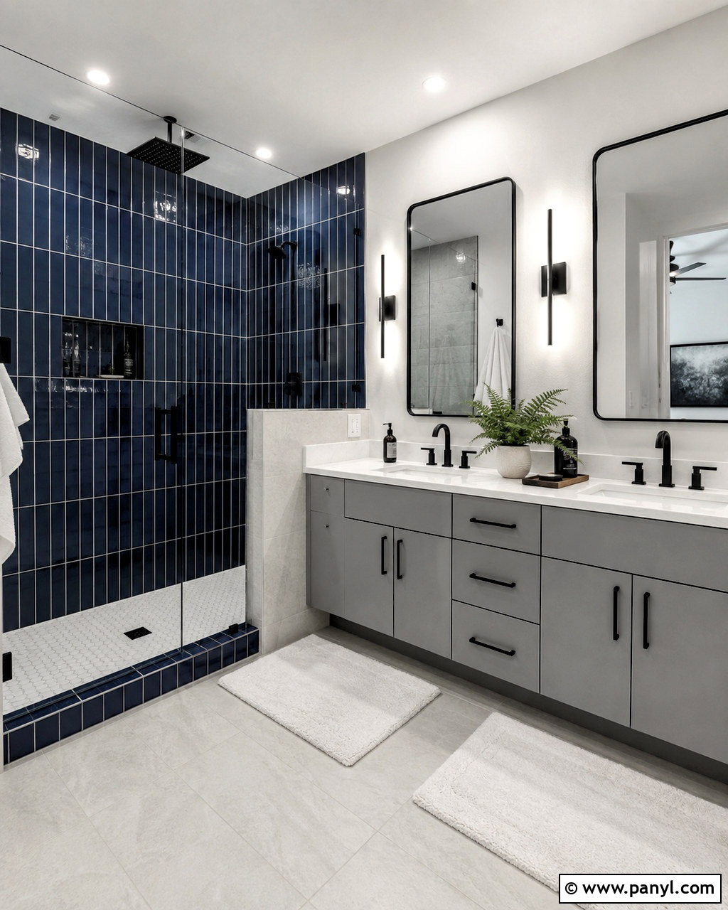Navy Blue Shower Tile With Gray Vanity - 20 blue and grey bathroom ideas