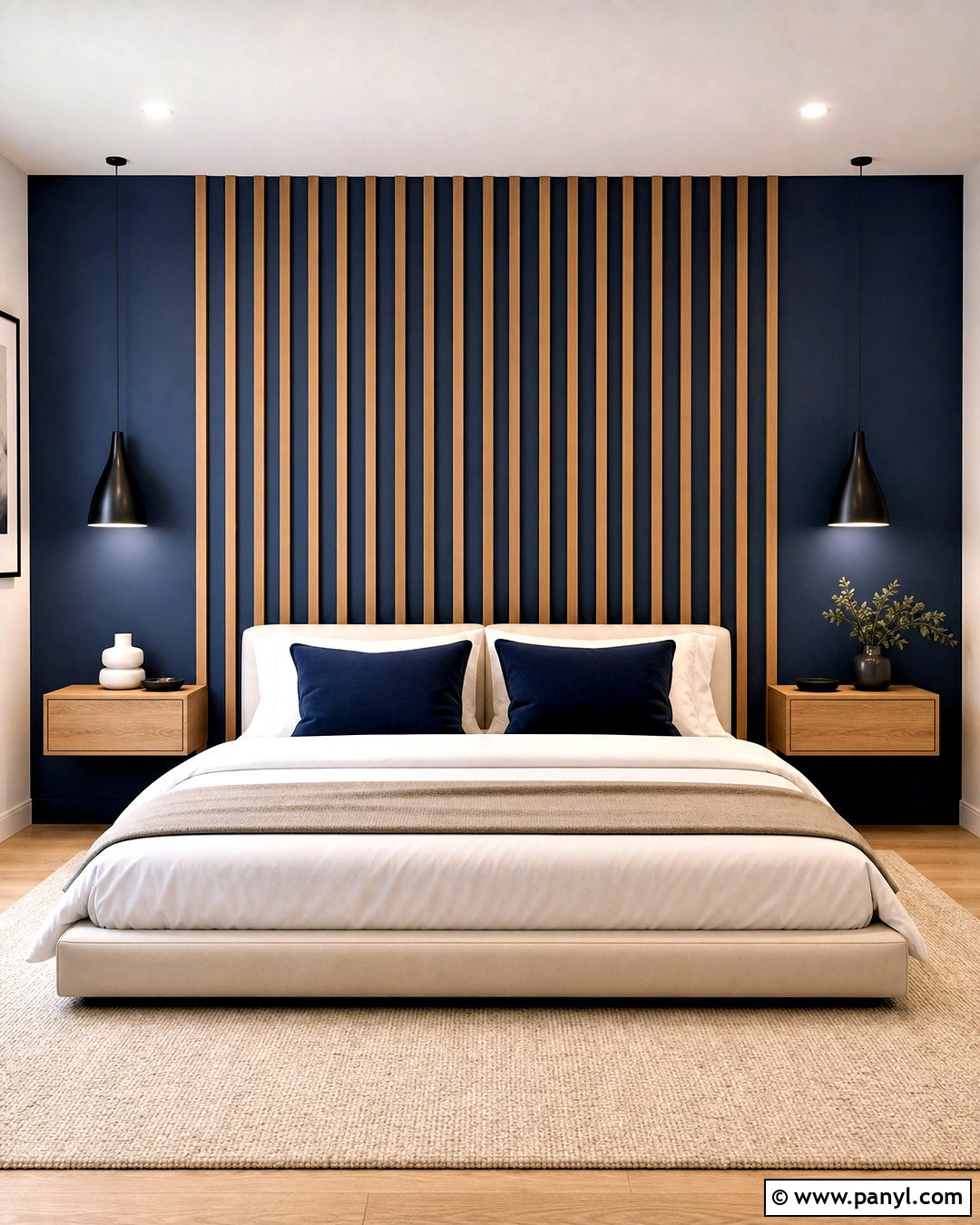 Navy Blue Slatted Wood Feature Wall - 20 navy blue feature wall bedroom ideas