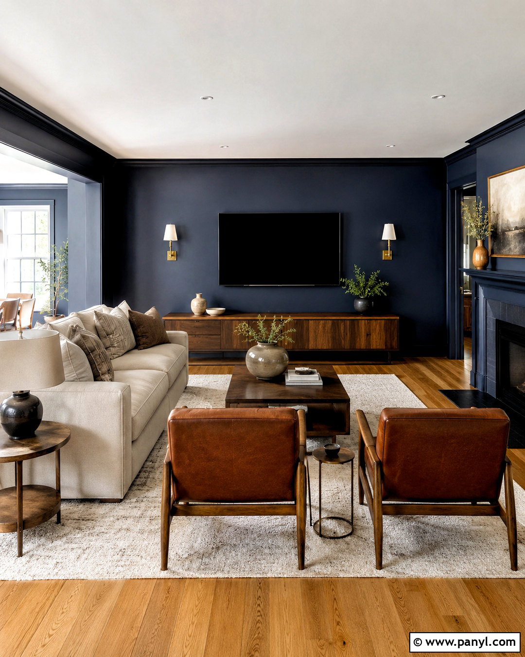 Navy Blue TV Wall With Wood Console - 20 blue tv wall ideas