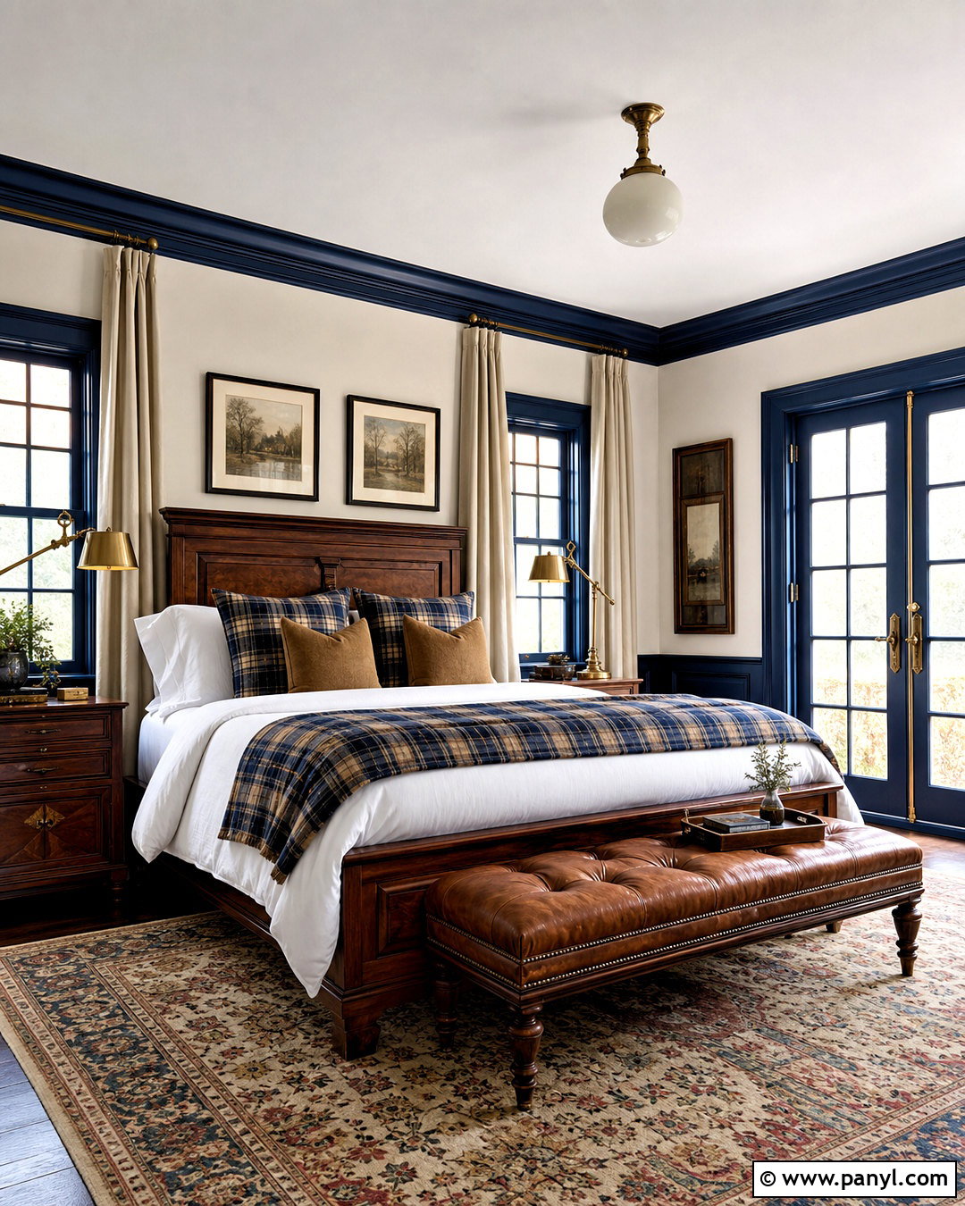 Navy Blue Trim Bedroom With Plaid Bedding - 20 blue trim bedroom ideas