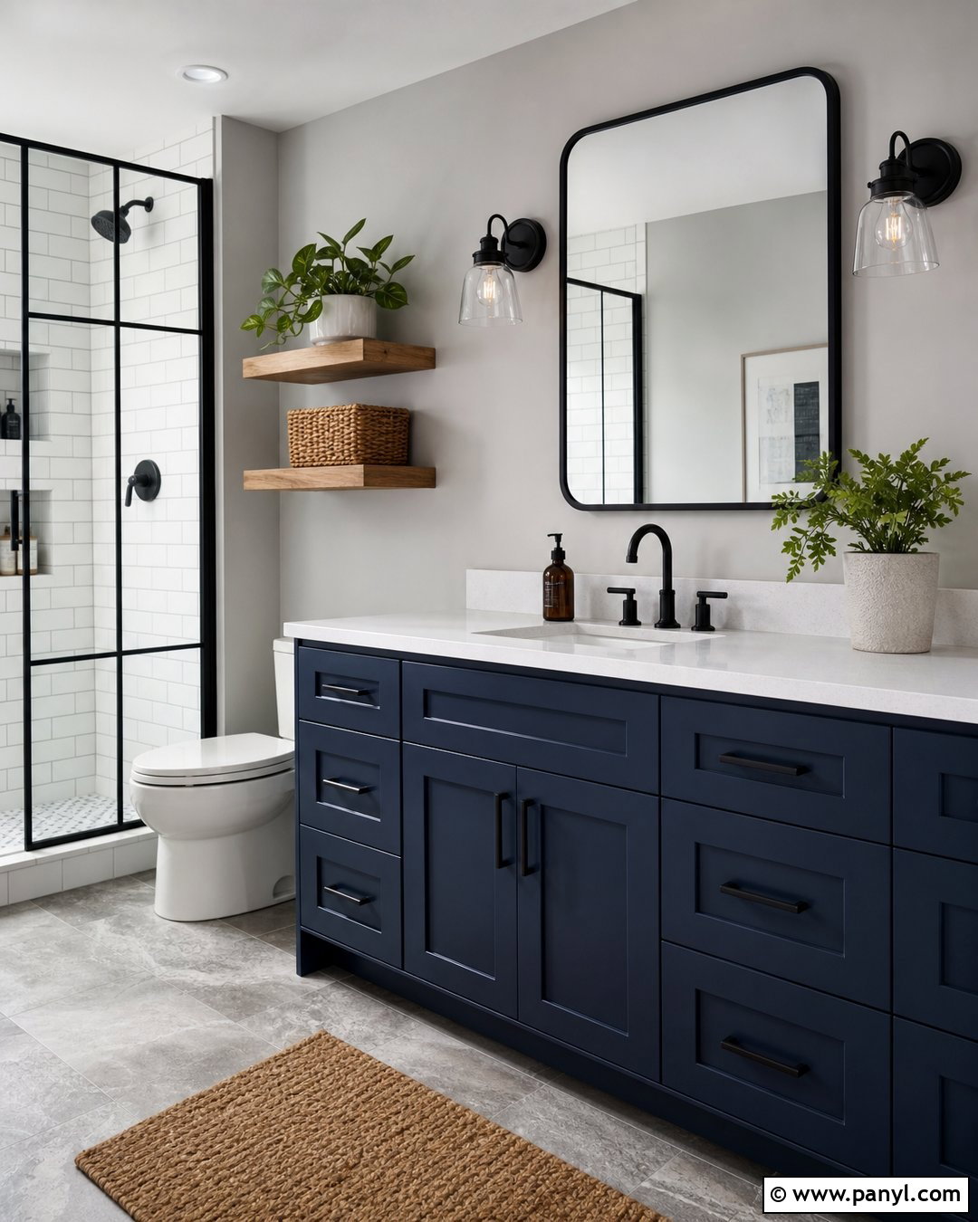 Navy Blue Vanity With Black Accents And Gray Walls - 20 Navy Blue Bathroom Vanity Gray Walls