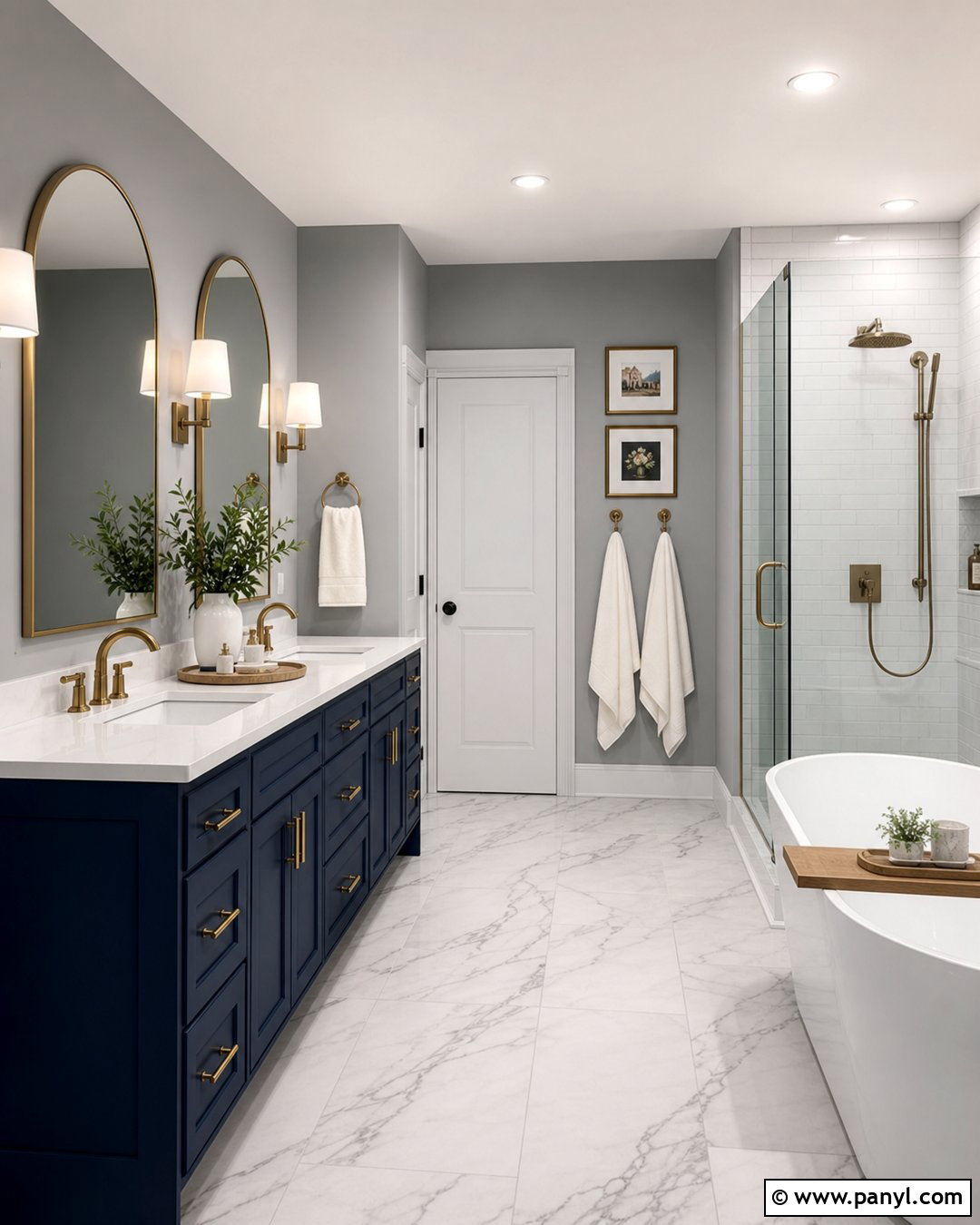 Navy Blue Vanity With Brass Accents And Gray Walls - 20 Navy Blue Bathroom Vanity Gray Walls
