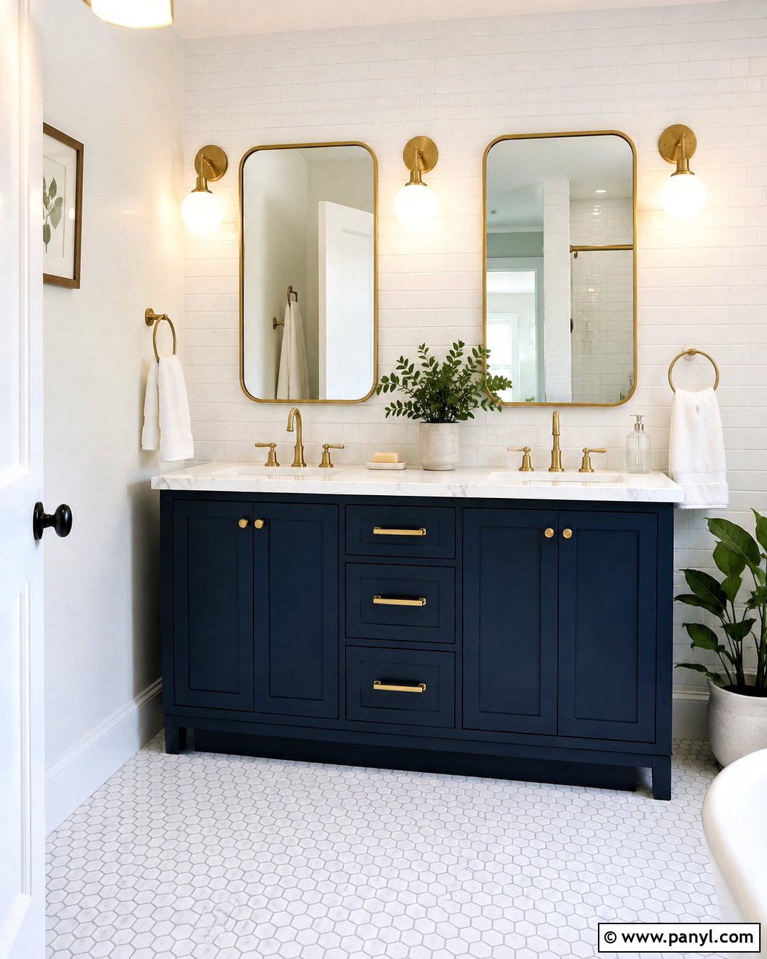 Navy Blue Vanity With Brass Hardware - 20 blue vanity bathroom ideas