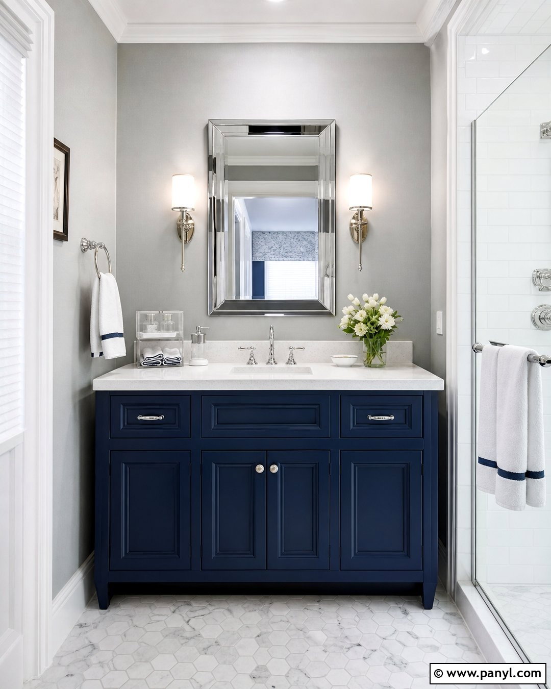 Navy Blue Vanity With Chrome Accents And Gray Walls - 20 Navy Blue Bathroom Vanity Gray Walls