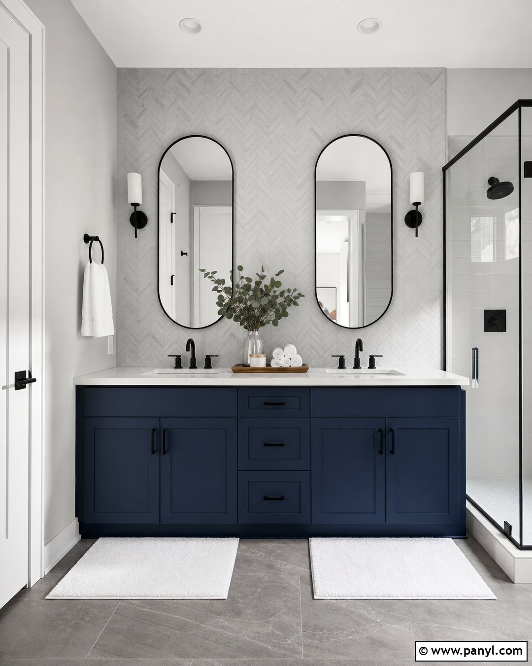 Navy Blue Vanity With Gray Herringbone Tile - 20 Navy Blue Bathroom Vanity Gray Walls