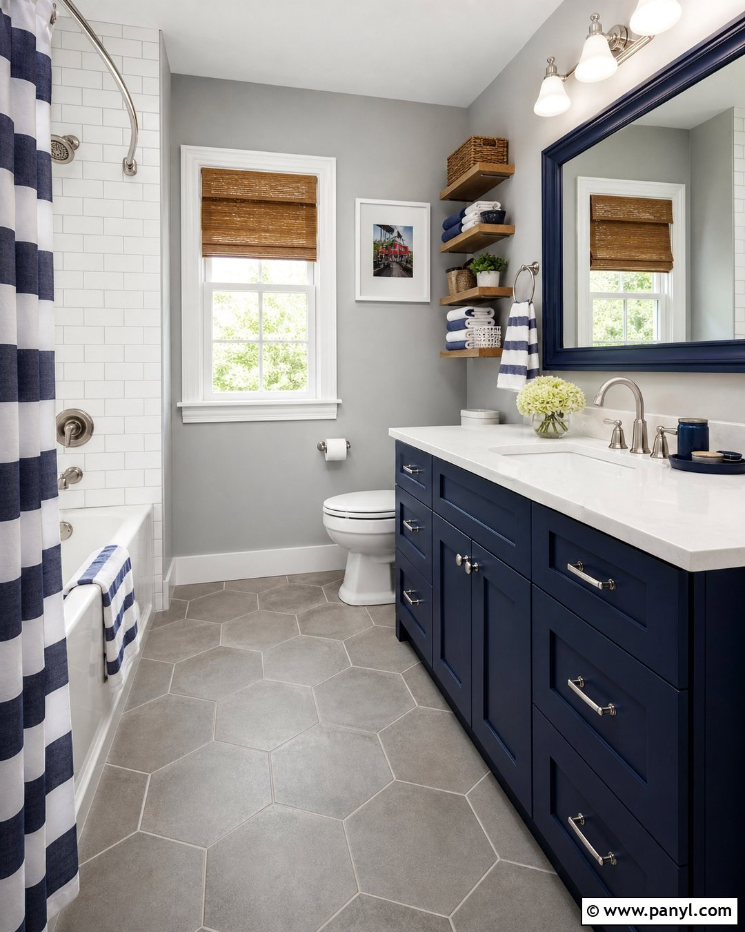 Navy Blue Vanity With Gray Hexagon Tile - 20 Navy Blue Bathroom Vanity Gray Walls